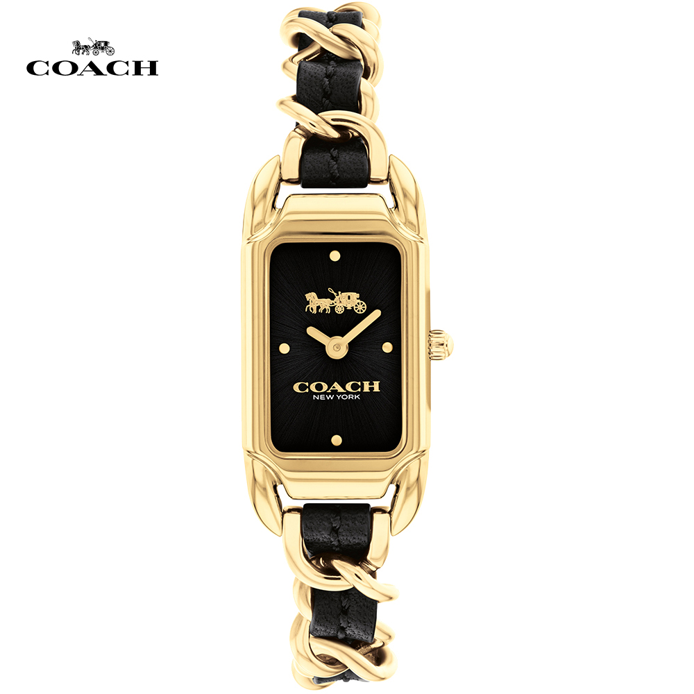 COACH 經典馬車皮革手鍊腕錶/17.5X28.5mm/黑X金/CO14504281