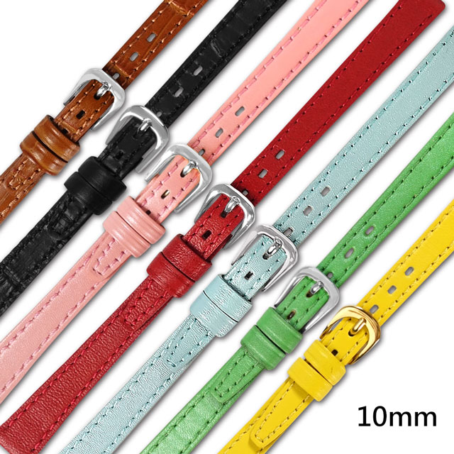 Watchband / 10mm / 各品牌通用 不鏽鋼扣頭 真皮錶帶 淺咖/黑/粉/藍/綠/紅/黃 ＃213-F