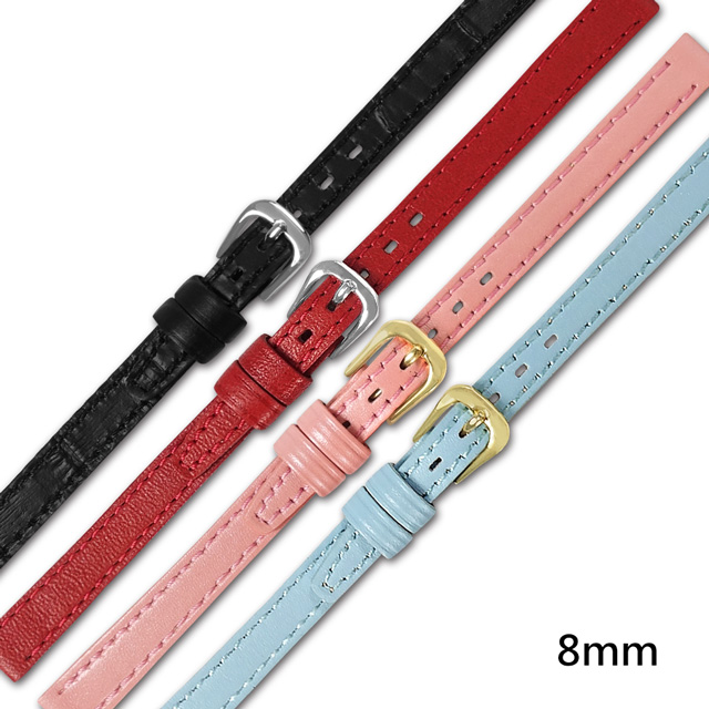 Watchband / 8mm / 各品牌通用 簡約質感 不鏽鋼扣頭 真皮錶帶 黑/紅/藍/粉 ＃213-F