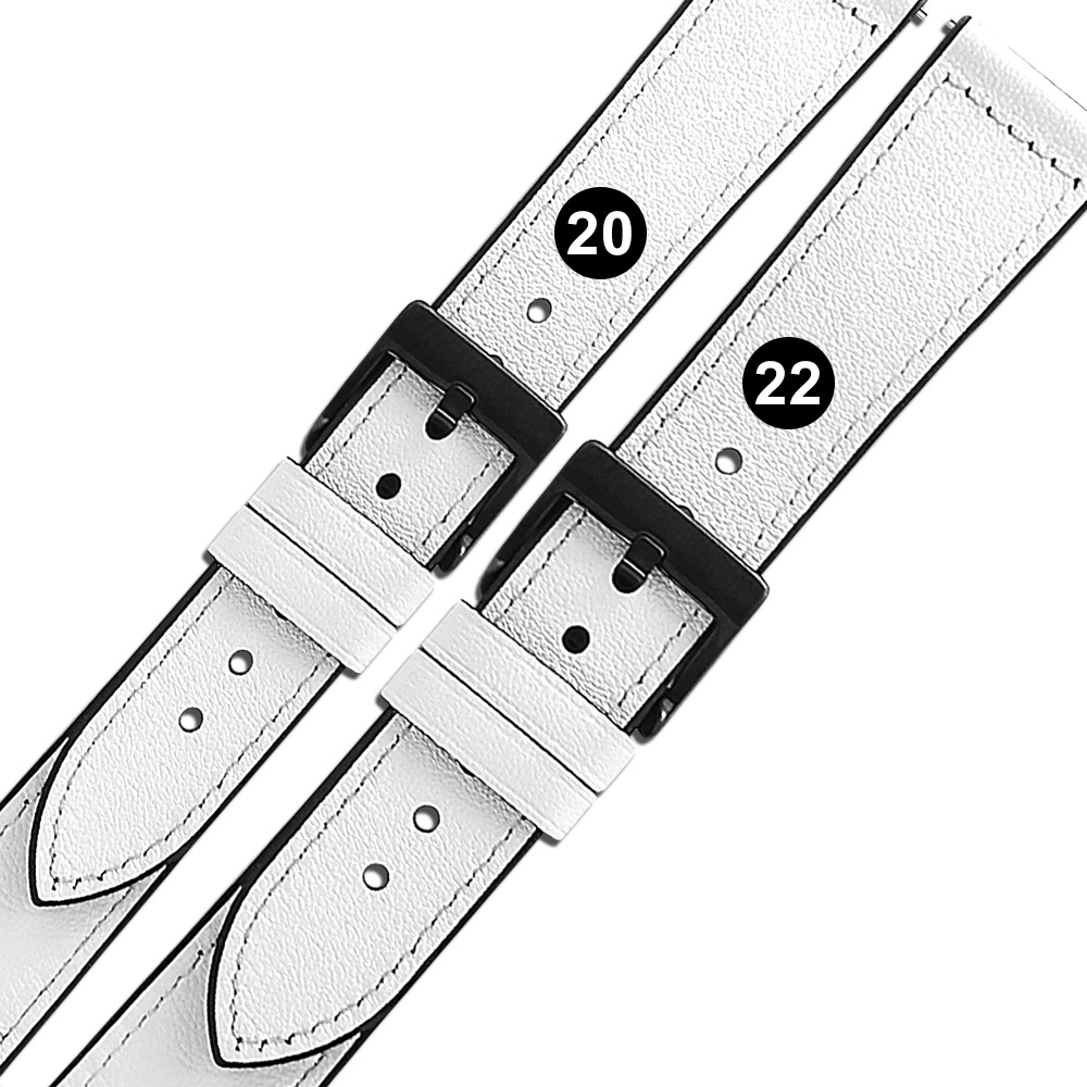 Watchband / 20.22 mm /各品牌通用 經典復刻 黑鋼扣 外層真皮 內層橡膠錶帶 白色＃858-318-WE