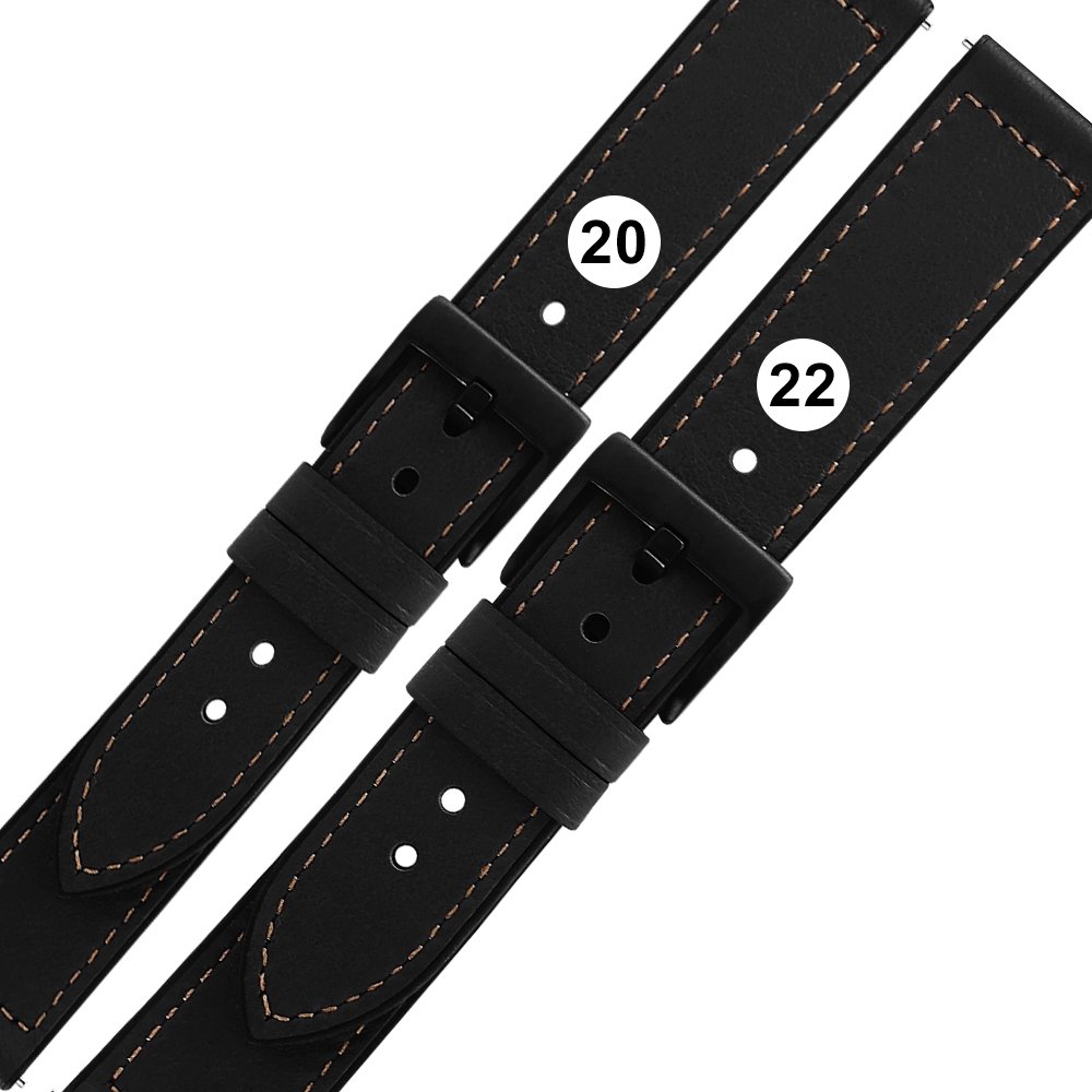 Watchband / 20.22 mm /各品牌通用 經典復刻 黑鋼扣 外層真皮 內層橡膠錶帶 黑色＃858-318-BK