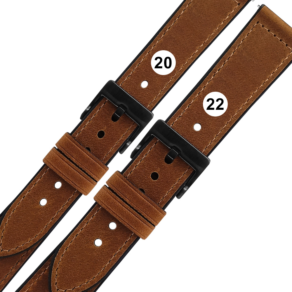 Watchband / 20.22 mm /各品牌通用 經典復刻 黑鋼扣 外層真皮 內層橡膠錶帶 棕色＃858-318-BN
