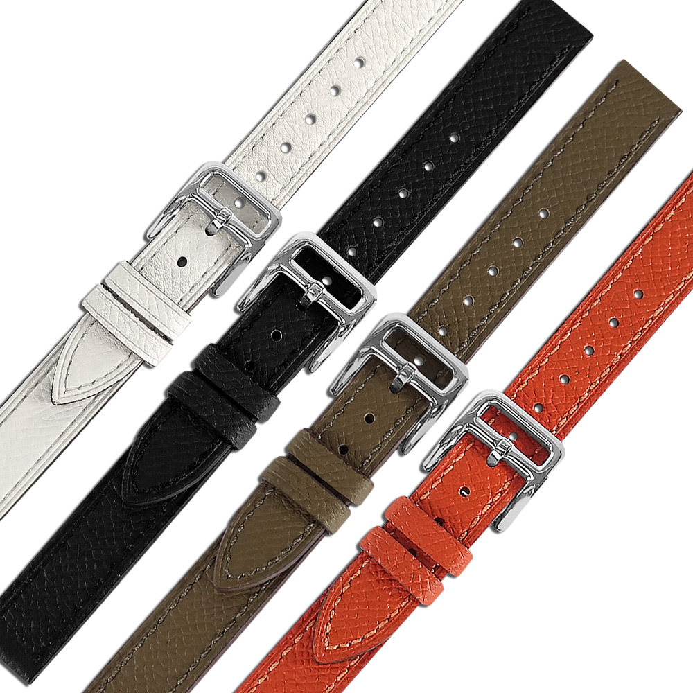 Watchband / 14mm / 各品牌通用 細緻柔軟 荔枝皮紋 同寬 真皮錶帶 灰綠/橘/黑/白色 ＃858-078