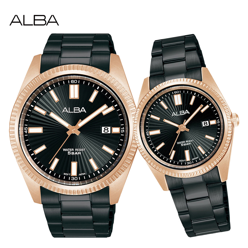 ALBA 雅柏 太陽紋簡約時尚對錶/黑X玫瑰金 (VJ42-X353SD+VJ22-X409SD)
