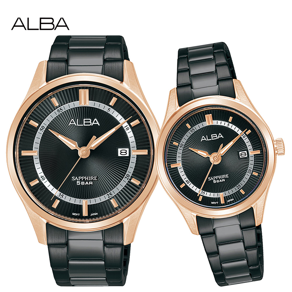 ALBA 雅柏 經典都會時尚對錶/黑X玫瑰金 (VJ42-X342SD+VJ22-X396SD)
