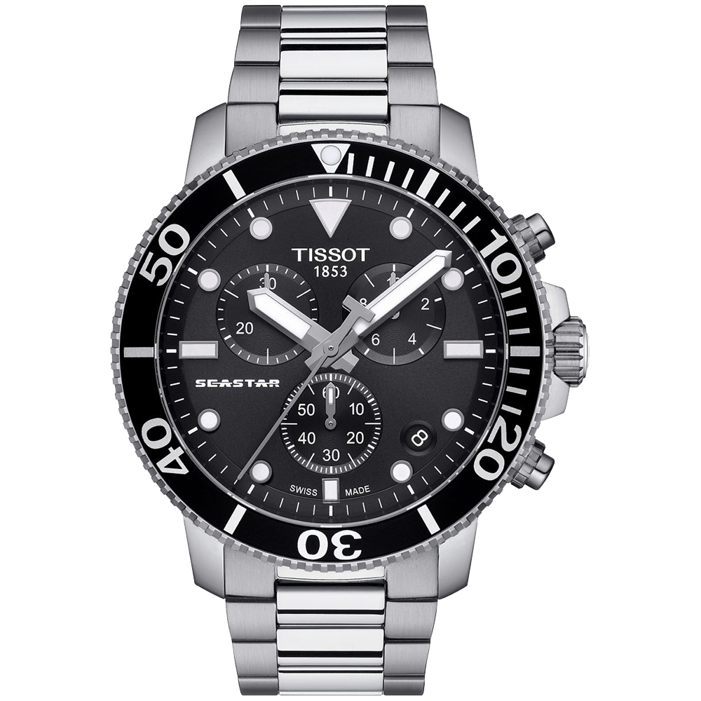 TISSOT天梭 SEASTAR海星計時300米潛水錶/黑x銀/45.5mm/T1204171105100