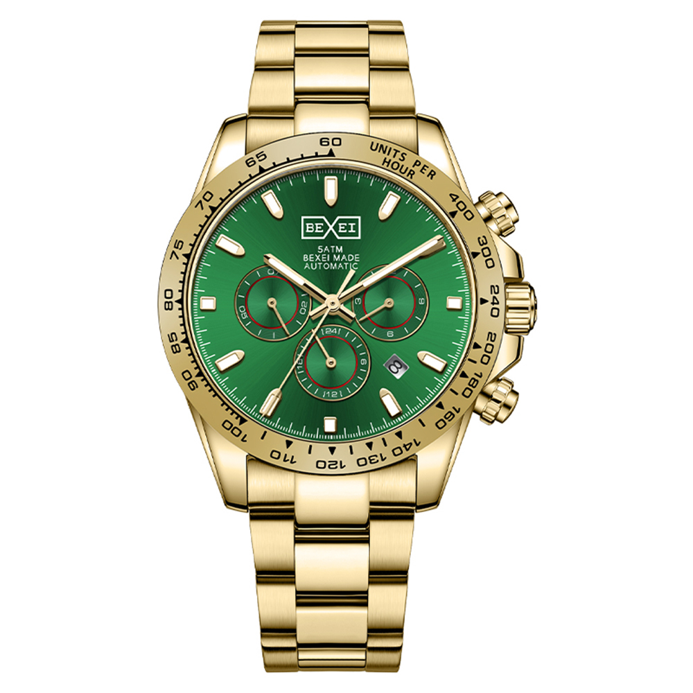 BEXEI 貝克斯 海洋之心系列 金綠鋼三眼太陽紋錶盤機械錶9158