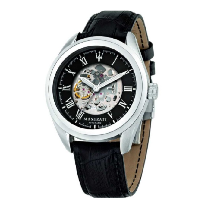【Maserati 瑪莎拉蒂】TRAGUARDO經典鏤空機械腕錶-黑銀款/R8821112004