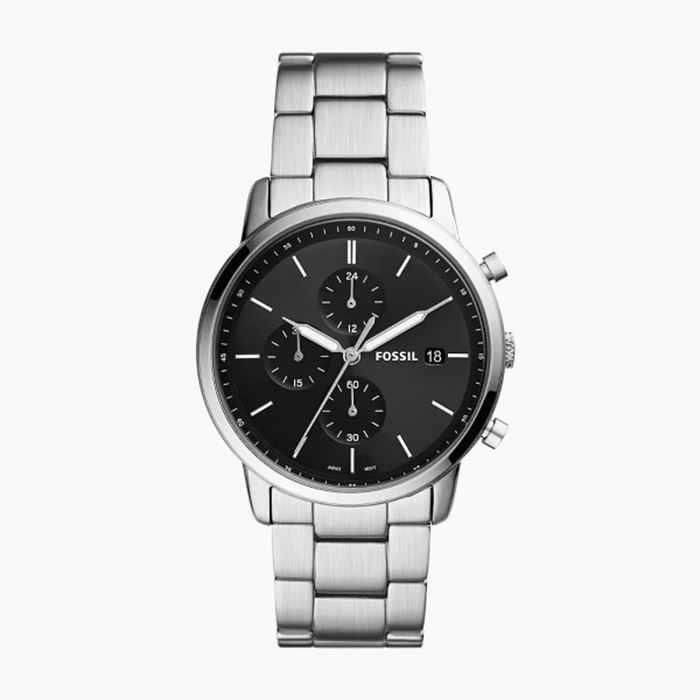 【Fossil】經典簡約時尚三眼鋼帶腕錶-經典黑/FS5847