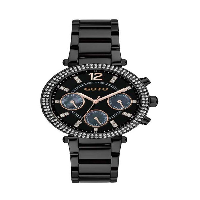 【Goto】都會時尚三眼璀璨晶鑽腕錶-質感黑/GS0395M-33-341