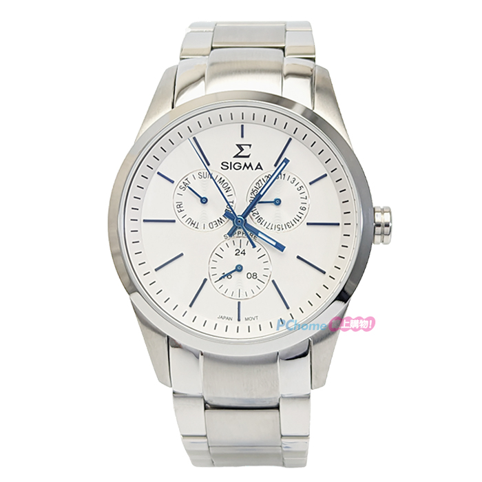 【SIGMA】簡約時尚 藍寶石鏡面 鋼錶帶 日期 三眼男錶 9815M-2 白/銀 42mm 平價實惠的好選擇
