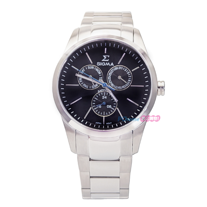 【SIGMA】簡約時尚 藍寶石鏡面 鋼錶帶 日期 三眼男錶 9815M-1 黑/銀 42mm 平價實惠的好選擇