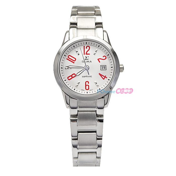 【SIGMA】簡約時尚 藍寶石鏡面 數字 日期顯示 鋼錶帶女錶 88023L-4 紅色 26mm 平價好選擇