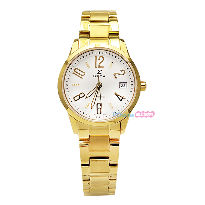 【SIGMA】簡約時尚 藍寶石鏡面 數字 日期顯示 鋼錶帶女錶 88023B-G 白/金 32mm 平價的好選擇