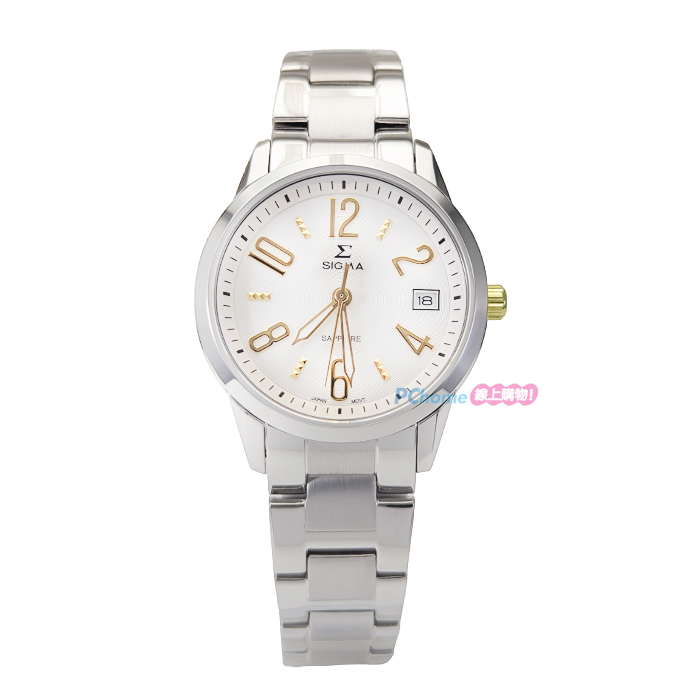 【SIGMA】簡約時尚 藍寶石鏡面 數字 日期顯示 鋼錶帶女錶 88023B-8 金/銀 32mm 平價的好選擇