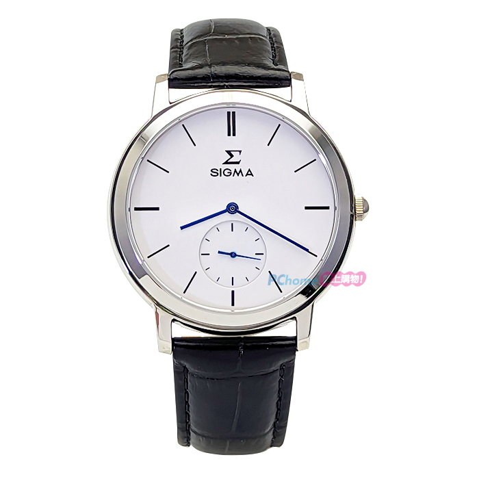 【SIGMA】簡約時尚 藍寶石鏡面 小秒針 皮錶帶男錶 2243M-2 白/銀 42mm 平價實惠的好選擇