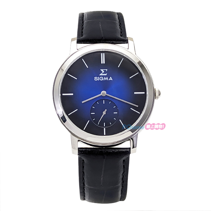 【SIGMA】簡約時尚 藍寶石鏡面 小秒針 皮錶帶男錶 2243M-3 藍/銀 42mm 平價實惠的好選擇