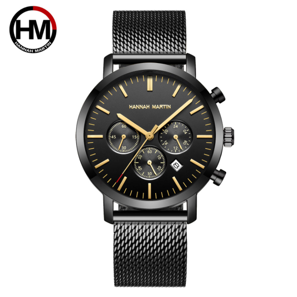 HANNAH MARTIN 多功能商務錶-黑面黑鋼帶(HM-1093)