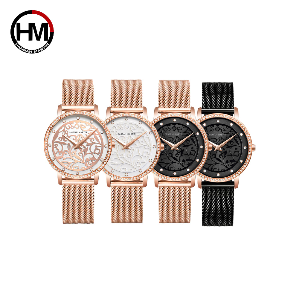 【HANNAH MARTIN】英倫簡約鑲鑽浮雕錶面米蘭帶腕錶大禮盒組(HM-1073)