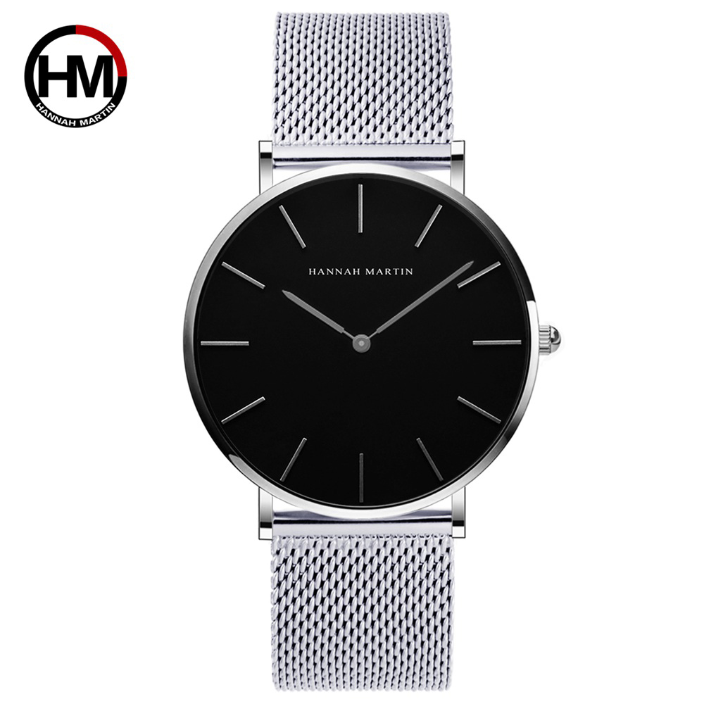 【HANNAH MARTIN】日本機芯簡約不鏽鋼黑面米蘭帶腕錶(HM-CH02-WYY)