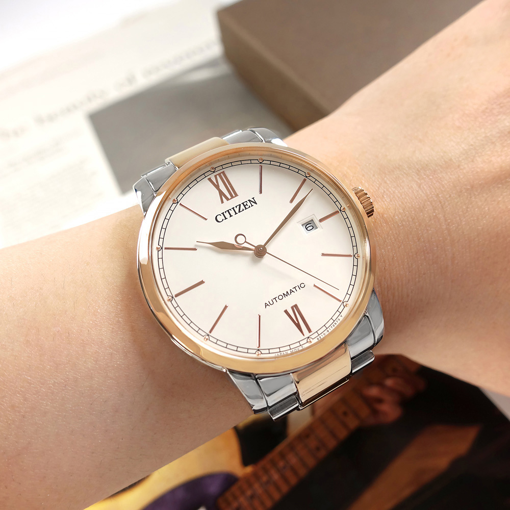 CITIZEN / NJ0136-81A / 限定款 簡約 機械錶 自動上鍊 日期 不鏽鋼手錶 米白x鍍玫瑰金 42mm