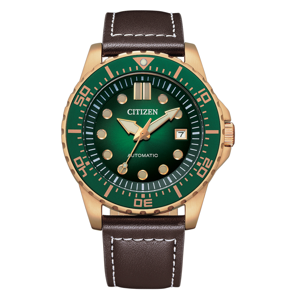 CITIZEN 星辰Mechanical經典綠面咖啡色皮帶機械腕錶NJ0173-18X