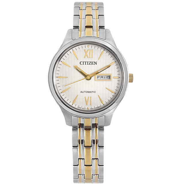 CITIZEN / PD7134-51A / 條紋錶盤 機械錶 星期日期 藍寶石水晶玻璃 不鏽鋼手錶 白x鍍金 29mm