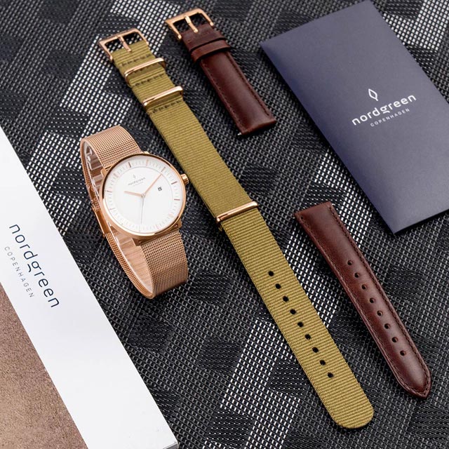 【Nordgreen】ND手錶 哲學家 36mm 玫瑰金殼×白面 米蘭錶帶+綠尼龍錶帶+深棕皮錶帶(PH36RGMERONAGLDB)