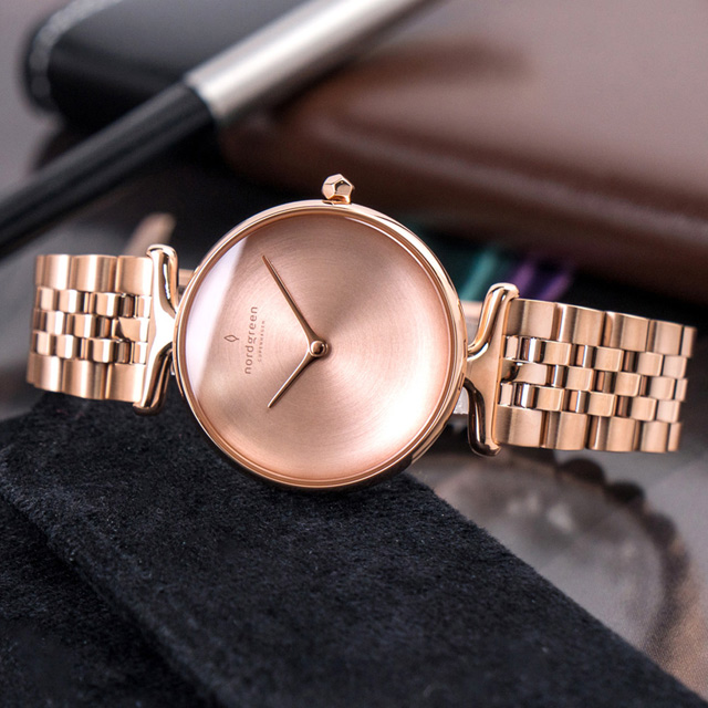 【Nordgreen】ND手錶 Unika 獨特 32mm 玫瑰金殼×磨砂金屬面 玫瑰金五珠精鋼錶帶(UN32RG5LROBM)