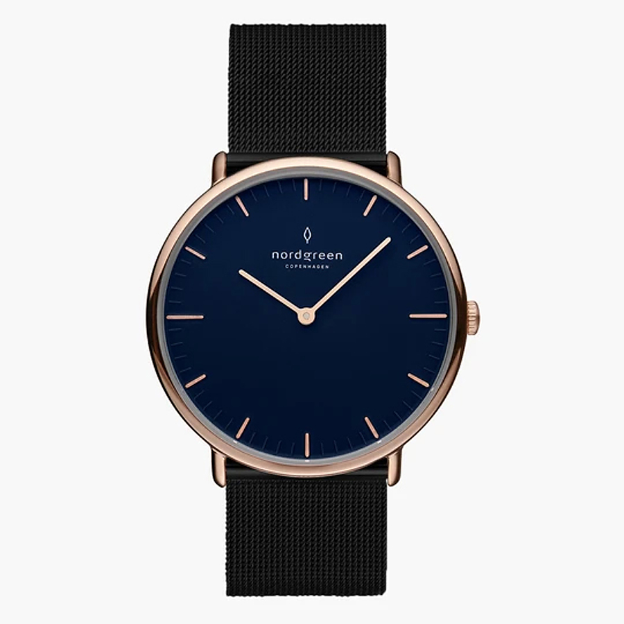 【Nordgreen】ND手錶 Native 本真 40mm 玫瑰金殼×藍面 極夜黑米蘭錶帶 (NR40RGMEBLNA)