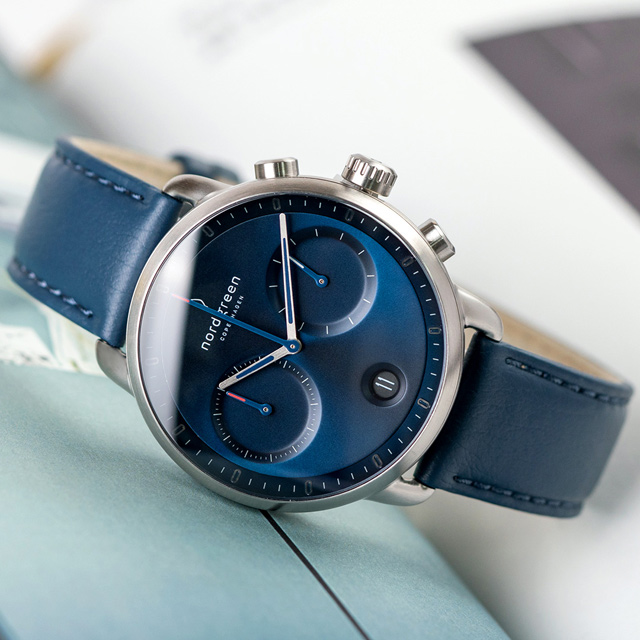 【Nordgreen】ND手錶 Pioneer 先鋒 42mm 月光銀殼×藍面 北歐藍純素皮革錶帶(PI42SIVENANA)
