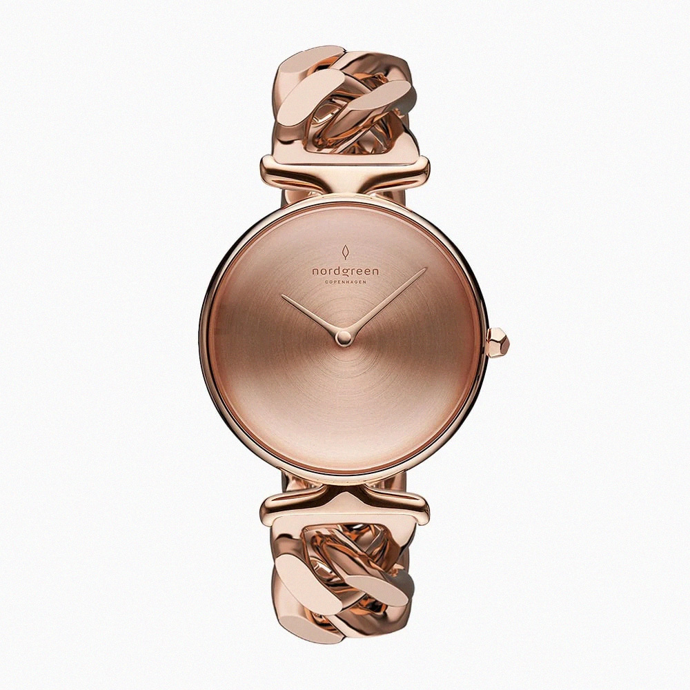 【Nordgreen】ND手錶 Unika 獨特 28mm 玫瑰金殼×磨砂金屬面 玫瑰金鏈條錶帶(UN28RGCHROBM)