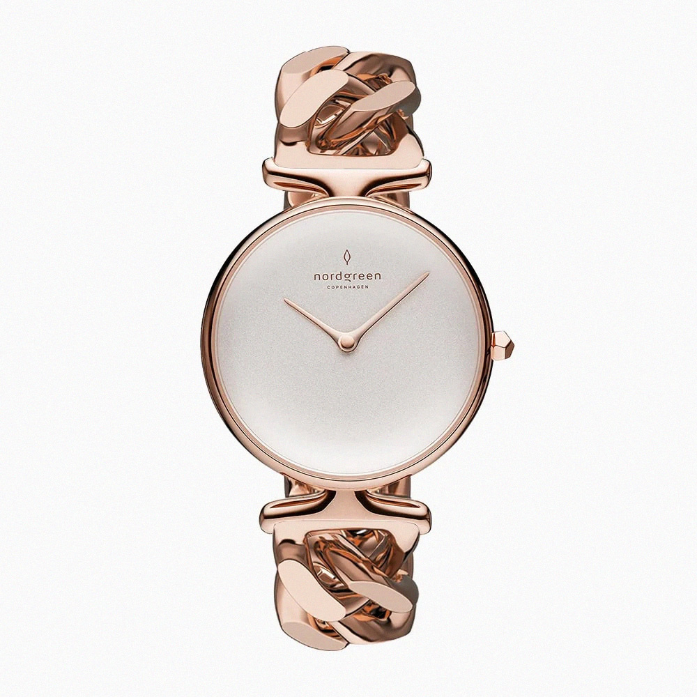 【Nordgreen】ND手錶 Unika 獨特 28mm 玫瑰金殼×白面 玫瑰金鏈條錶帶(UN28RGCHROXX)