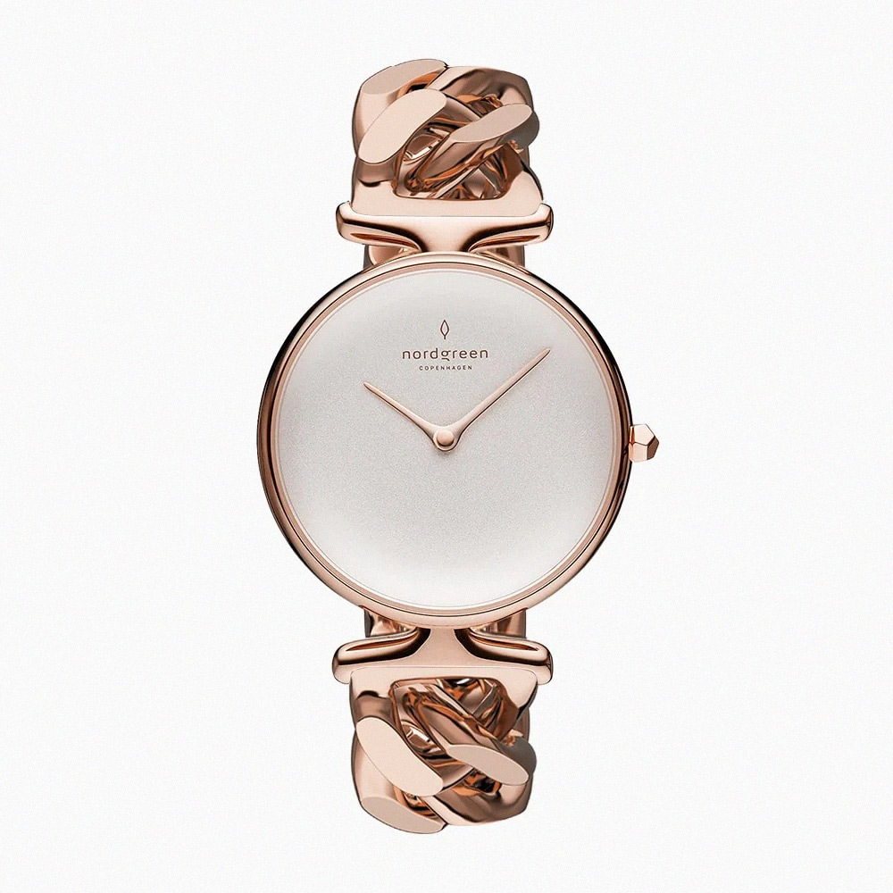 【Nordgreen】ND手錶 Unika 獨特 32mm 玫瑰金殼×白面 玫瑰金鏈條錶帶(UN32RGCHROXX)