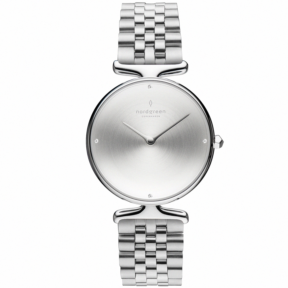 【Nordgreen】ND手錶 Unika 獨特 28mm 月光銀殼×拉絲水晶面 月光銀五珠精鋼錶帶(UN28SI5LSIBC)