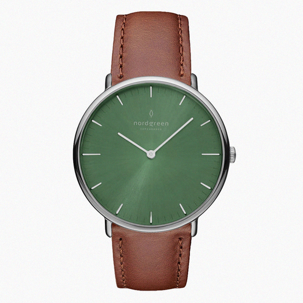【Nordgreen】ND手錶 Native 本真 36mm 月光銀殼×橄欖綠面 復古棕真皮錶帶(NR36SILEBROG)