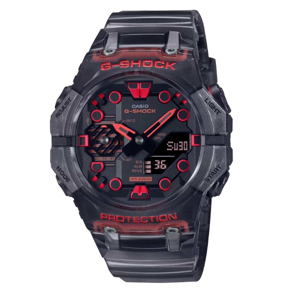 【CASIO 卡西歐】G-SHOCK 藍芽 碳纖維核心防護 半透明 電競黑紅雙顯錶款 GA-B001G-1A 46mm