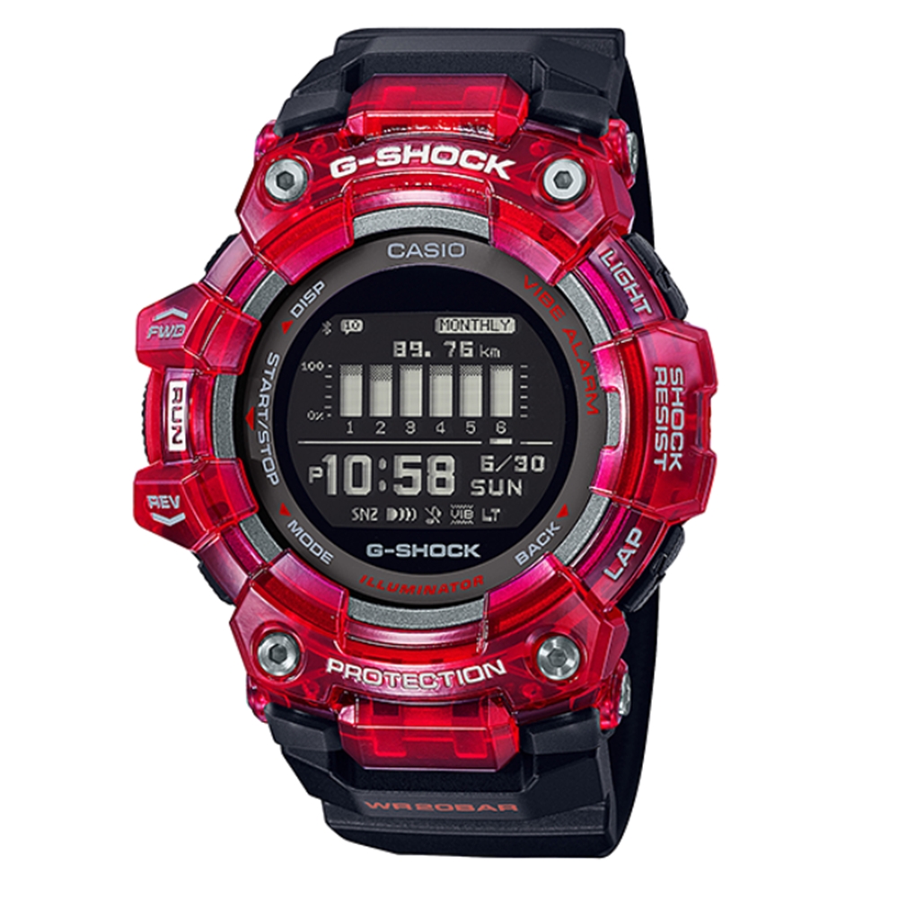【CASIO 卡西歐】G-SHOCK 炫彩音浪 藍芽 搶眼紅 半透明 雙顯系列 GBD-100SM-4A1 49.3mm