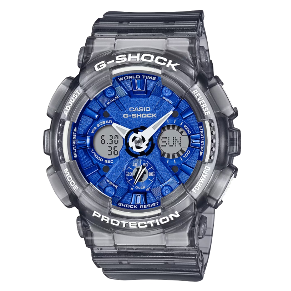 【CASIO 卡西歐】 G-SHOCK 藍色風格 金屬光澤 半透明灰 雙顯系列 GMA-S120TB-8A 45.9mm