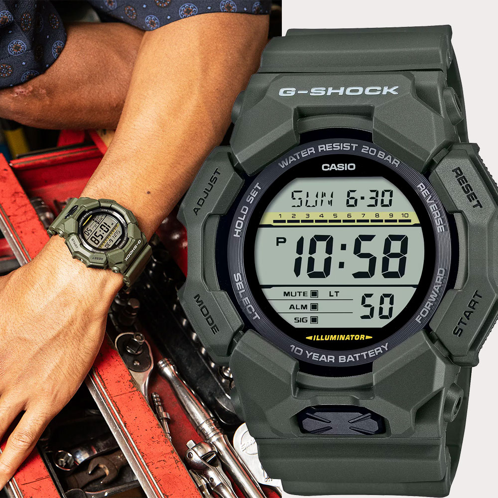CASIO 卡西歐 G-SHOCK 軍綠色10年電力 大螢幕電子錶 學生錶(GD-010-3)