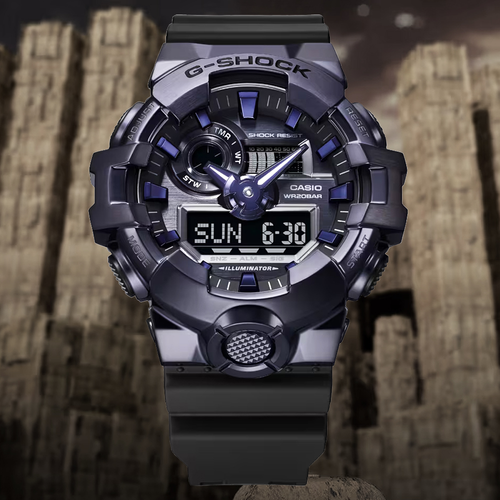 CASIO 卡西歐 G-SHOCK 金屬時尚錶殼 大錶徑雙顯錶-紫黑 GM-700P-6A