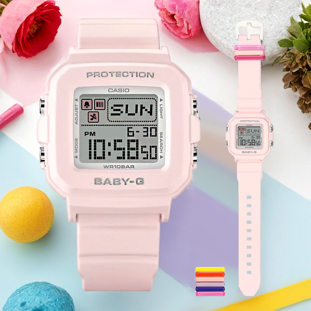 CASIO 卡西歐 BABY-G 隨附6個繽紛錶帶環 畫素動畫手錶(BGD-10L-4)