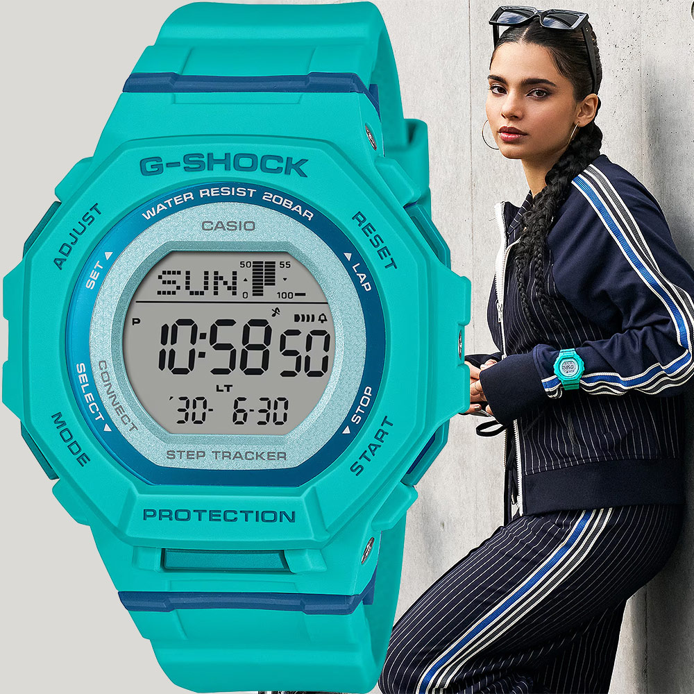 CASIO 卡西歐 G-SHOCK 計步藍芽手錶 清爽色彩女錶-藍綠色 GMD-B300SC-2