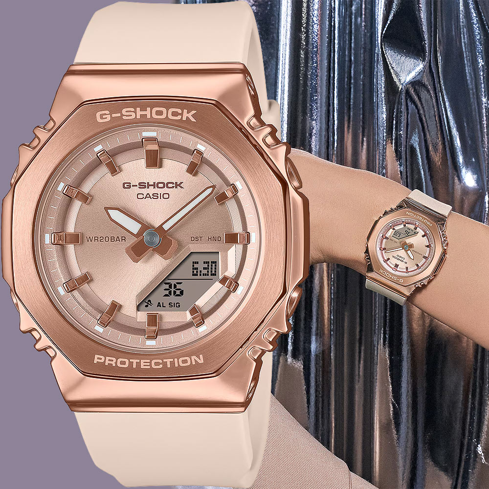 casio 卡西歐 g-shock 個性時尚 八角金屬錶殼 雙顯手錶-玫瑰金x米白 gm-s2110pg-4a
