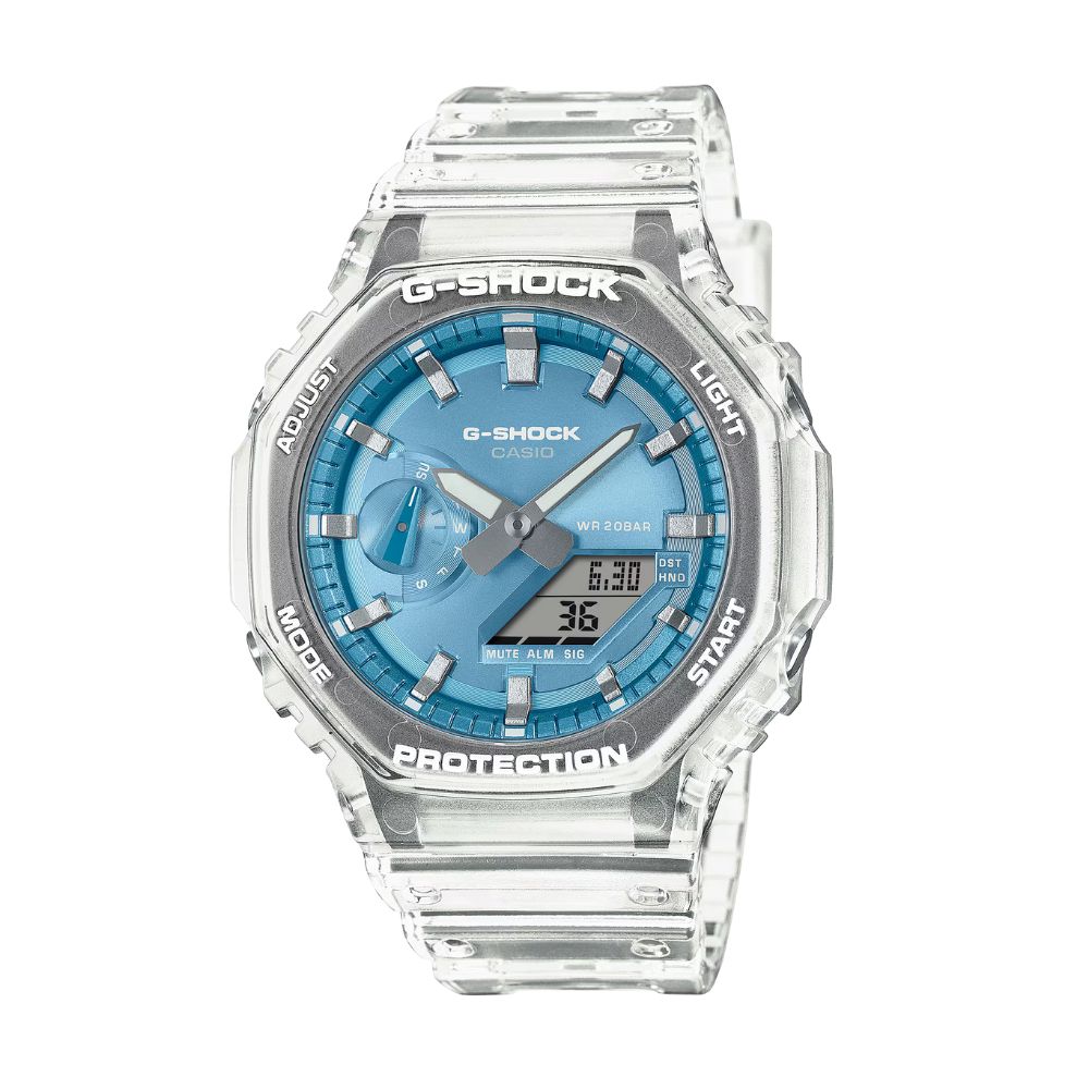 【CASIO 卡西歐】G-SHOCK 閃耀色彩 酷炫半透明雙顯錶款 藍 GA-2100BM-7A2 45.4mm