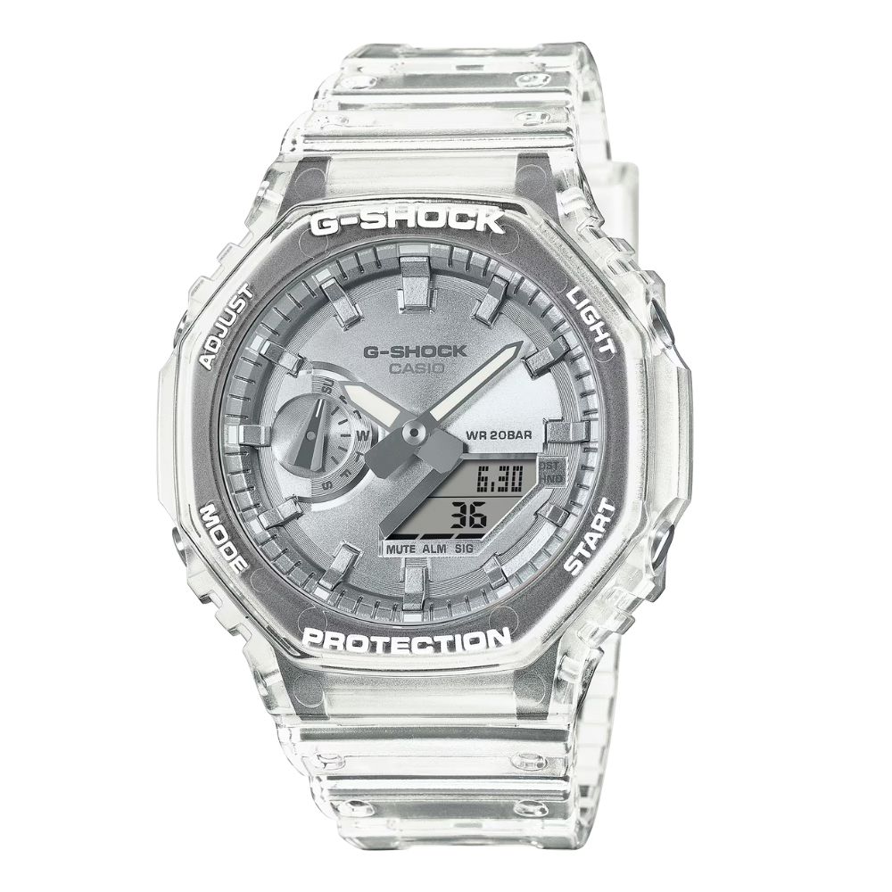 【CASIO 卡西歐】G-SHOCK 閃耀色彩 酷炫半透明雙顯錶款 銀 GA-2100BM-7A8 45.4mm