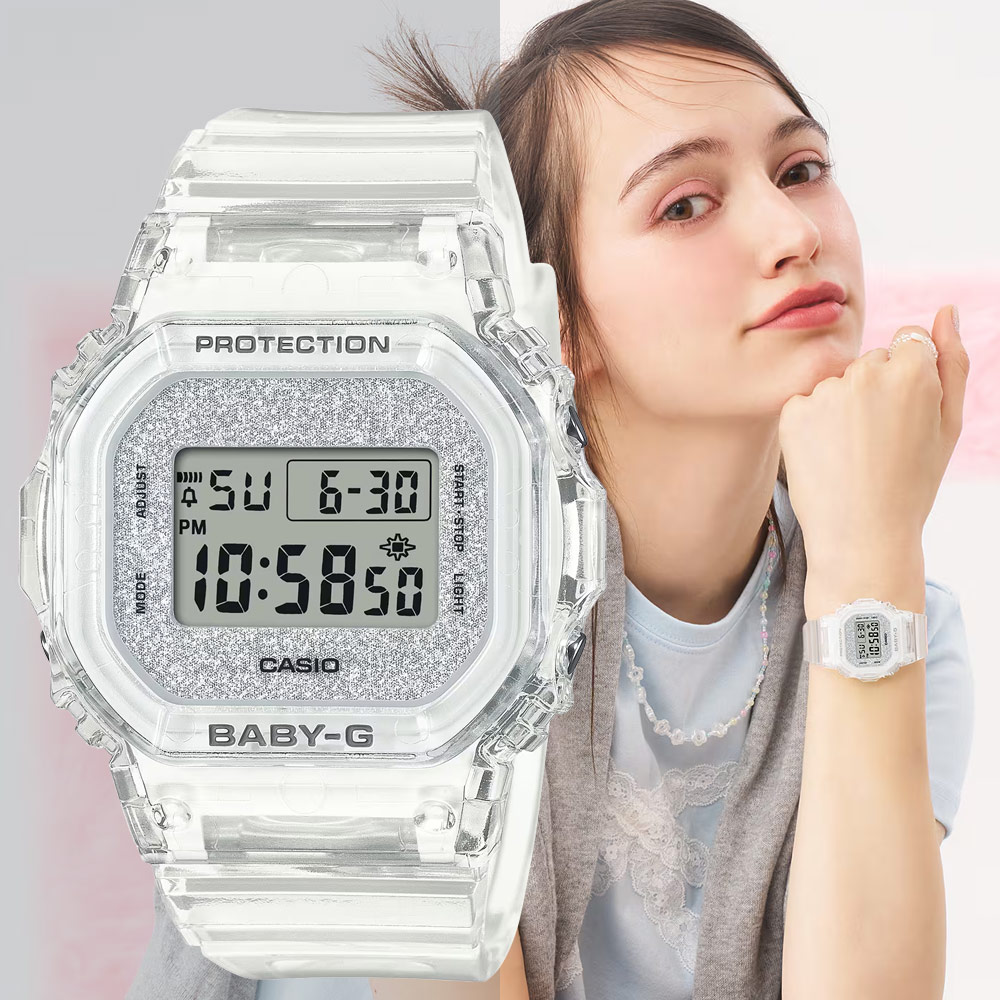 CASIO 卡西歐 BABY-G 閃亮青春方形電子錶-清透白 女錶 手錶 學生錶(BGD-565GC-7)