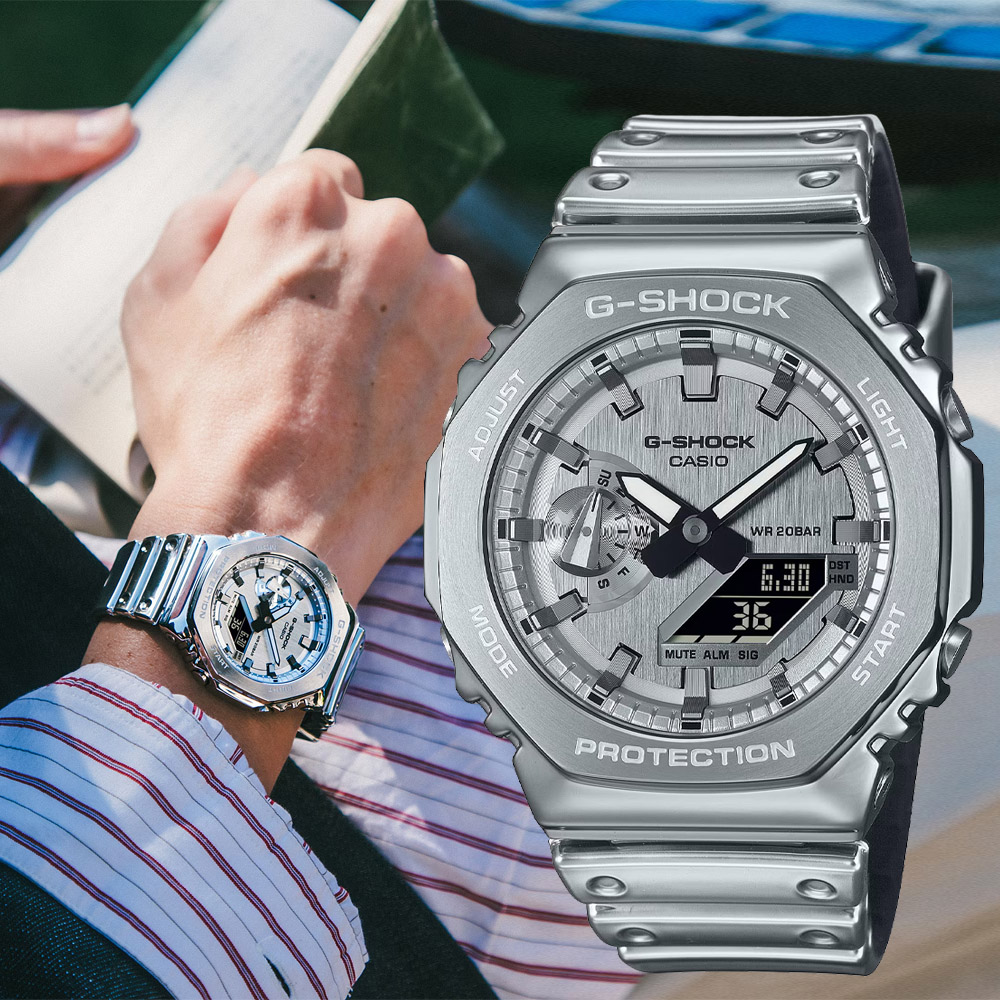 CASIO卡西歐 G-SHOCK 金屬八角錶殼x矽膠錶帶 多功能雙顯腕錶 44.4mm / GM-2100YM-8A