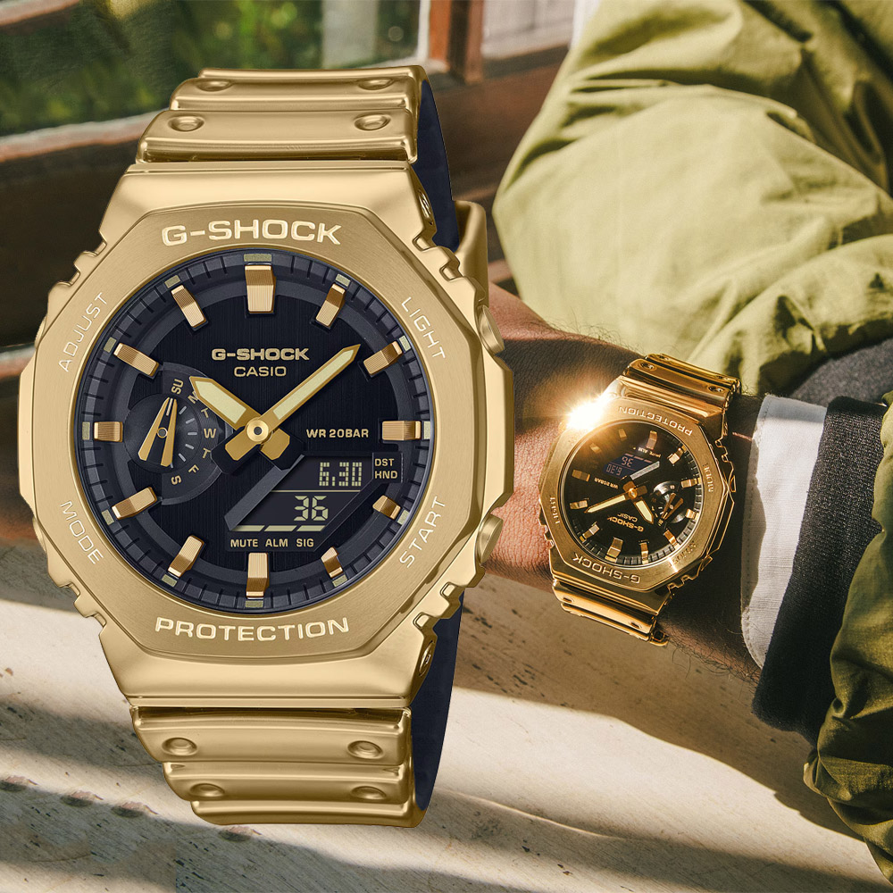 CASIO卡西歐 G-SHOCK 金屬八角錶殼x矽膠錶帶 多功能雙顯腕錶 44.4mm / GM-2100YMG-9A