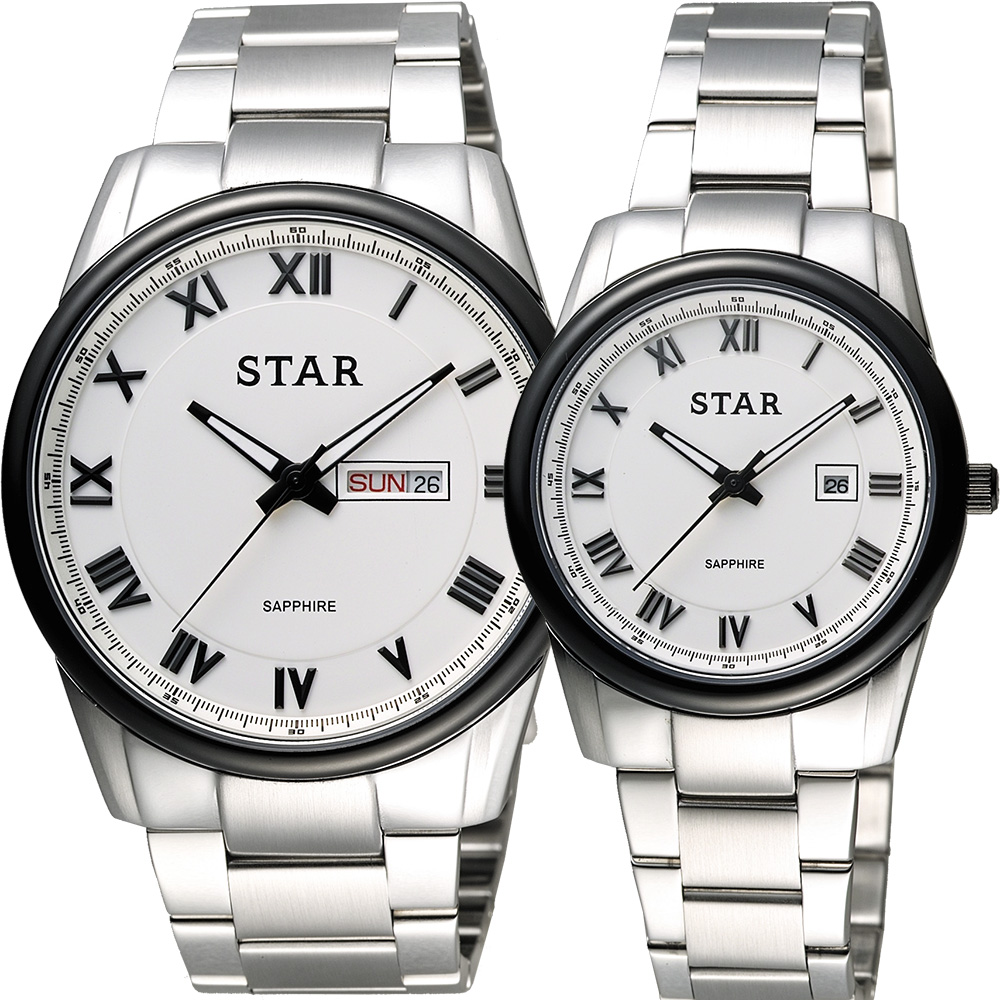 STAR 時代 羅馬城市時尚對錶-白x黑框/43+32mm 1T1512-211S-W+1T1512-111S-W
